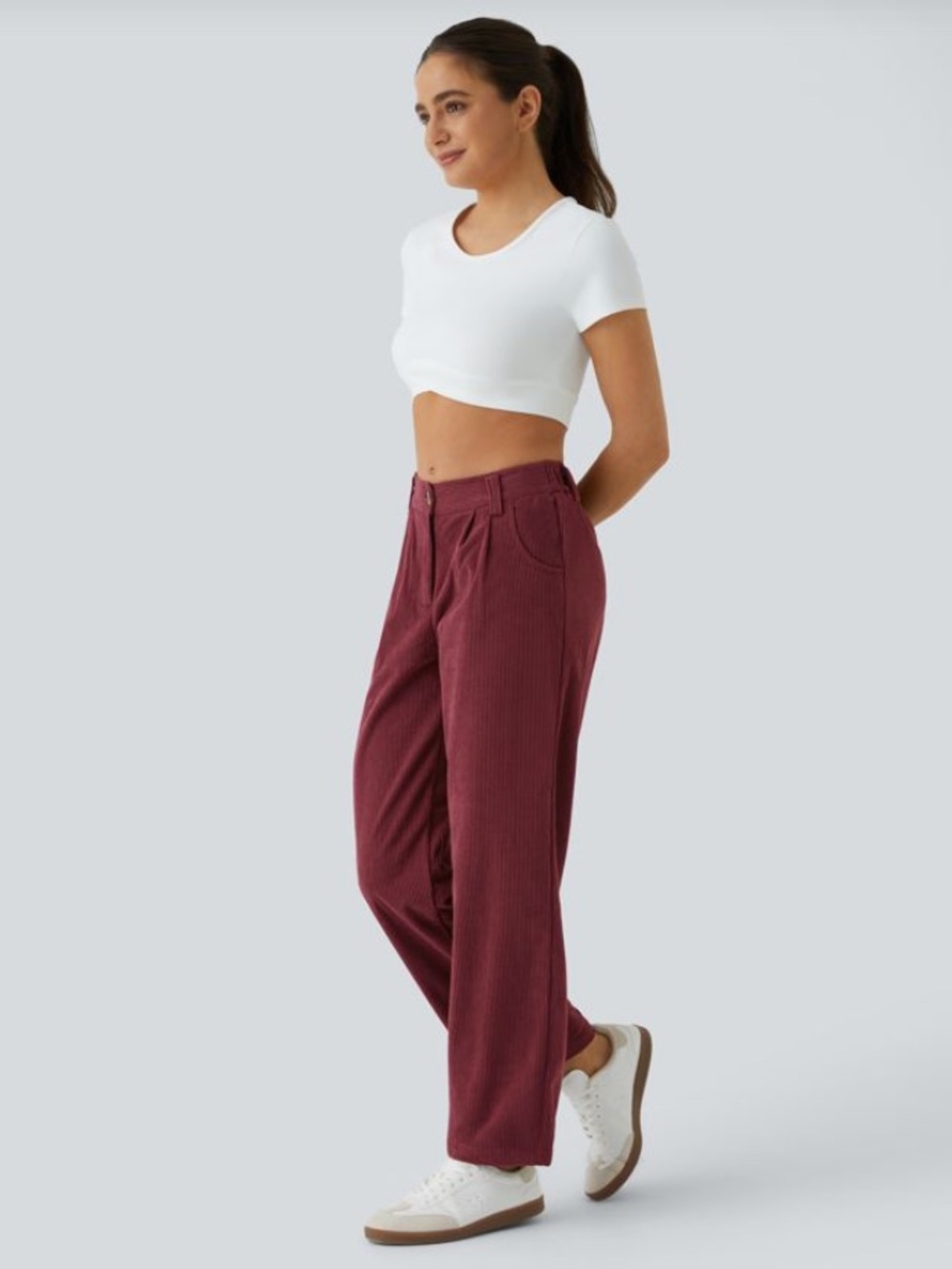 Halara Mid Rise Zipper Pocket Wide Wale Corduroy Casual Pants in Pomegranate. XL